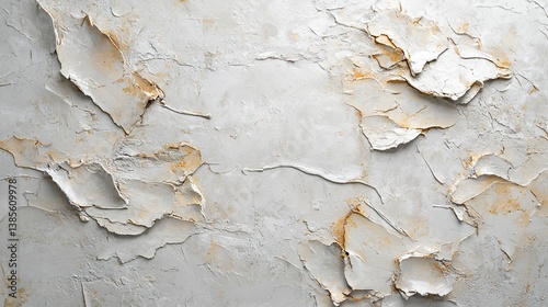 Abstract textured wall with peeling white and gold layers.