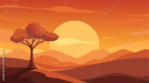 Desert landscape, vast sand dunes, golden sunset, orange sky, large sun, mountainous horizon, warm colors, stylized illustration, vector art, minimalist design, tranquil scene, barren wilderness, roll