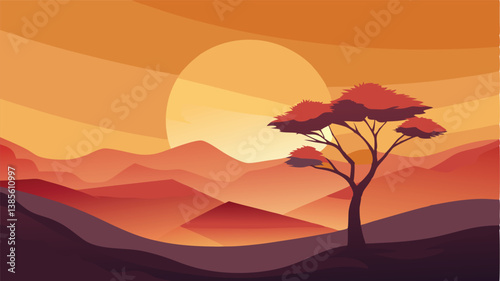 Desert landscape, vast sand dunes, golden sunset, orange sky, large sun, mountainous horizon, warm colors, stylized illustration, vector art, minimalist design, tranquil scene, barren wilderness, roll