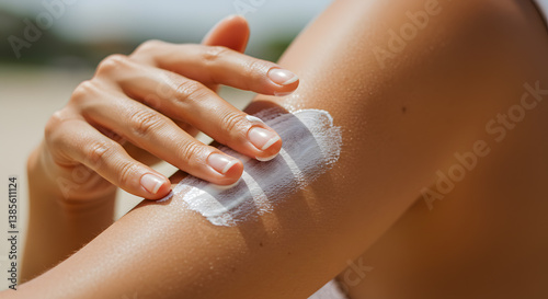 Applying Sunscreen Lotion on Skin for Sun Protection and Healthy Tanning photo