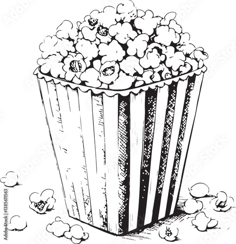 Popcorn Pack Cinema Movies Snack Black and White Vector Illustration, Sketch Drawing Line Linear Engraving, Hand-drawn Isolated
