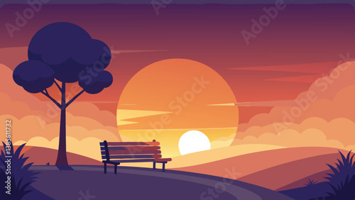 Desert landscape, vast sand dunes, golden sunset, orange sky, large sun, mountainous horizon, warm colors, stylized illustration, vector art, minimalist design, tranquil scene, barren wilderness, roll