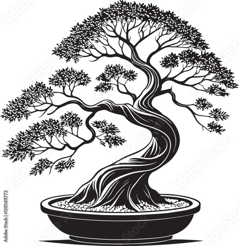 Bonsai Tree Zen Garden Black and White Vector Illustration, Sketch Drawing Line Linear Engraving, Hand-drawn Isolated