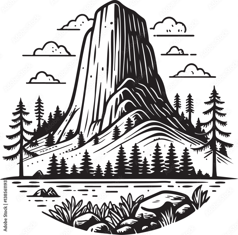Rock Formation View Black and White Vector Illustration, Sketch Drawing Line Linear Engraving, Hand-drawn Isolated