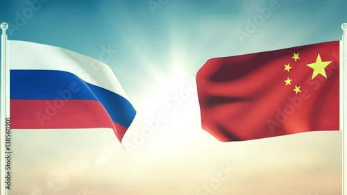 Russia And China Flags Waving Against Each Other. 3D Animation with Textured Detail.