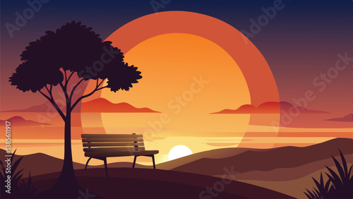 Desert landscape, vast sand dunes, golden sunset, orange sky, large sun, mountainous horizon, warm colors, stylized illustration, vector art, minimalist design, tranquil scene, barren wilderness, roll