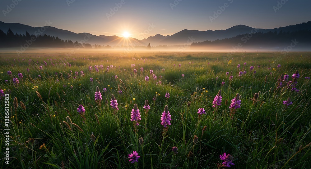 Obraz premium Sunrise Meadow's Embrace AI Generated