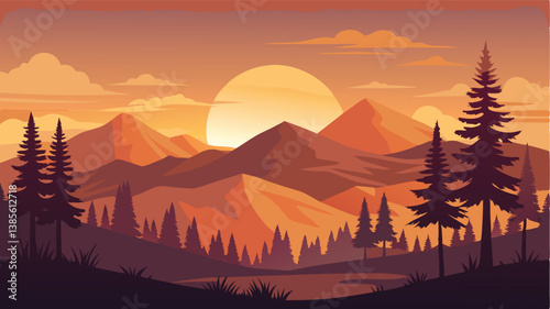 Desert landscape, vast sand dunes, golden sunset, orange sky, large sun, mountainous horizon, warm colors, stylized illustration, vector art, minimalist design, tranquil scene, barren wilderness, roll