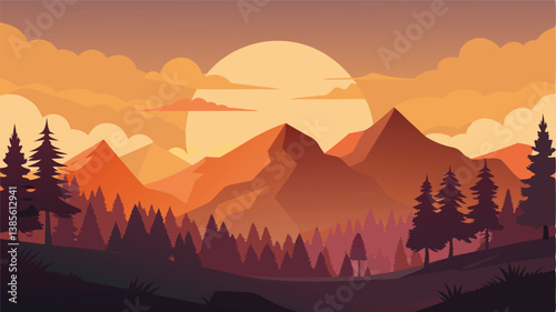 Desert landscape, vast sand dunes, golden sunset, orange sky, large sun, mountainous horizon, warm colors, stylized illustration, vector art, minimalist design, tranquil scene, barren wilderness, roll