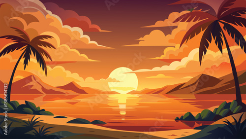 Desert landscape, vast sand dunes, golden sunset, orange sky, large sun, mountainous horizon, warm colors, stylized illustration, vector art, minimalist design, tranquil scene, barren wilderness, roll