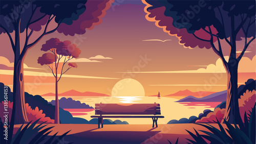 Desert landscape, vast sand dunes, golden sunset, orange sky, large sun, mountainous horizon, warm colors, stylized illustration, vector art, minimalist design, tranquil scene, barren wilderness, roll