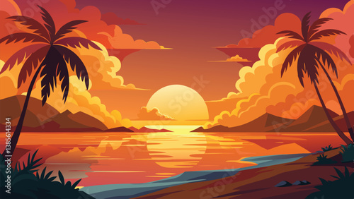 Desert landscape, vast sand dunes, golden sunset, orange sky, large sun, mountainous horizon, warm colors, stylized illustration, vector art, minimalist design, tranquil scene, barren wilderness, roll