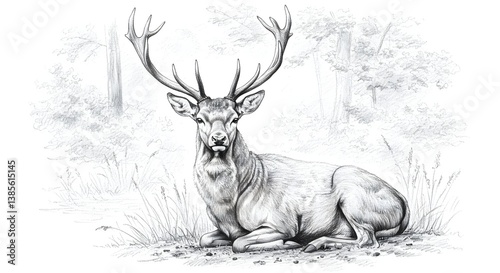 Resting deer with large antlers in a forest pencil drawing photo