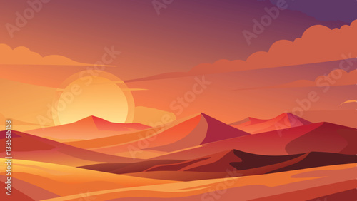 Desert landscape, vast sand dunes, golden sunset, orange sky, large sun, mountainous horizon, warm colors, stylized illustration, vector art, minimalist design, tranquil scene, barren wilderness, roll