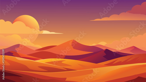 Desert landscape, vast sand dunes, golden sunset, orange sky, large sun, mountainous horizon, warm colors, stylized illustration, vector art, minimalist design, tranquil scene, barren wilderness, roll