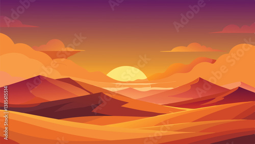 Desert landscape, vast sand dunes, golden sunset, orange sky, large sun, mountainous horizon, warm colors, stylized illustration, vector art, minimalist design, tranquil scene, barren wilderness, roll