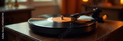 Spinning vinyl record with warm golden light on antique phonograph table, music, nostalgic photo