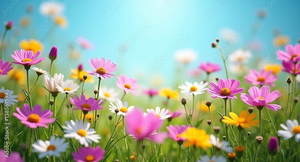 A vibrant field of wildflowers in full bloom under a clear blue sky, showcasing pink, white, yellow, and purple blooms, with sunlight enhancing their vivid colors and natural beauty.