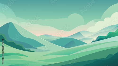 Desert landscape, vast sand dunes, golden sunset, orange sky, large sun, mountainous horizon, warm colors, stylized illustration, vector art, minimalist design, tranquil scene, barren wilderness, roll