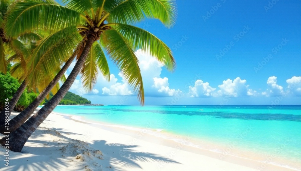 Palm trees sway in ocean breeze, with sandy beach and turquoise water, tropical, greenery, blue Palm trees sway in ocean breeze, with sandy beach and turquoise water, tropical, greenery, blue
