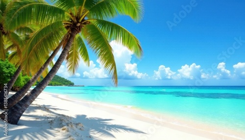 Palm trees sway in ocean breeze, with sandy beach and turquoise water, tropical, greenery, blue