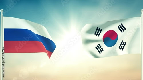 Russia flag and South Korea flag waving on cloud in sky background. 3D render. 4k resolution.