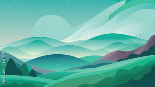 Desert landscape, vast sand dunes, golden sunset, orange sky, large sun, mountainous horizon, warm colors, stylized illustration, vector art, minimalist design, tranquil scene, barren wilderness, roll