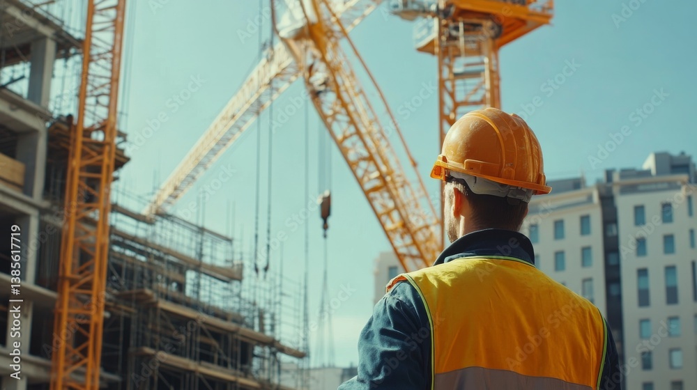 A construction worker operating a crane at a building site. Featuring control and expertise A construction worker operating a crane at a building site. Featuring control and expertise