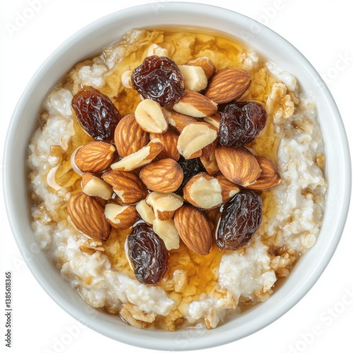 A delicious bowl of oatmeal topped with nuts, dried fruits, and honey. Featuring a hearty breakfast option