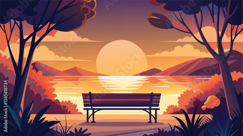Desert landscape, vast sand dunes, golden sunset, orange sky, large sun, mountainous horizon, warm colors, stylized illustration, vector art, minimalist design, tranquil scene, barren wilderness, roll