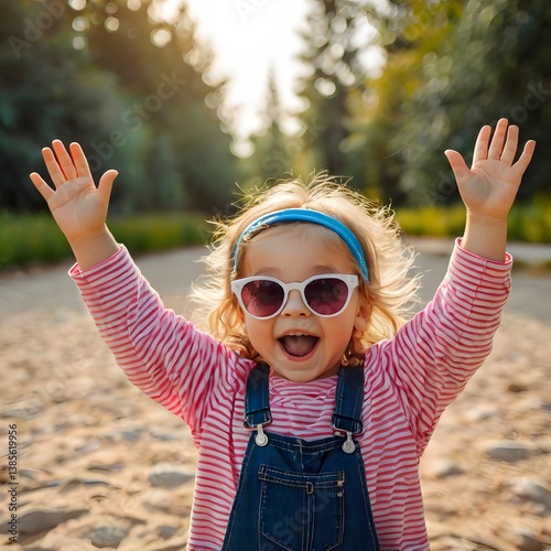 Wallpaper Mural A young girl wearing sunglasses and a pink shirt is standing on a beach, A delighted young girl engaging in outdoor play, her arms joyously thrown up, Torontodigital.ca