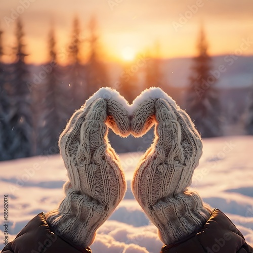 Wallpaper Mural Woman hands in winter gloves Heart symbol shaped, Woman hands in winter gloves Heart symbol shaped Lifestyle and Feelings concept with sunset light nature on background Torontodigital.ca