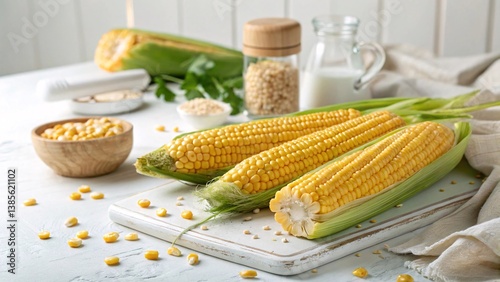 Close-up of Fresh Corn on a Table with White Background V2