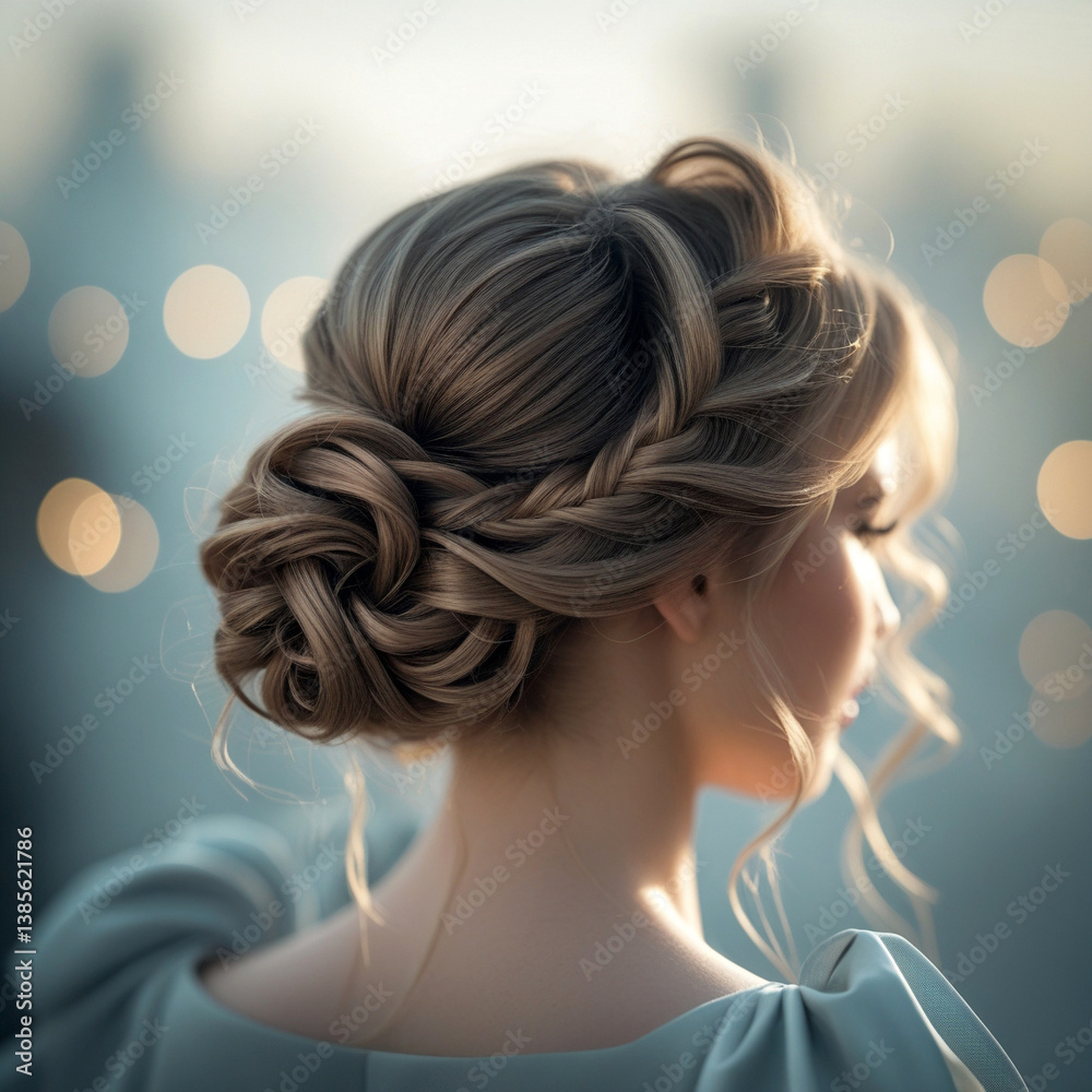 Fototapeta premium A photograph depicting a woman with a perfectly executed French twist hairstyle, sharp focus on the hair.