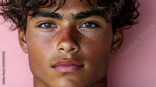 Intense Gaze: A Close-Up Portrait of a Young Man with Freckles and Curly Hair Against a Pink Background