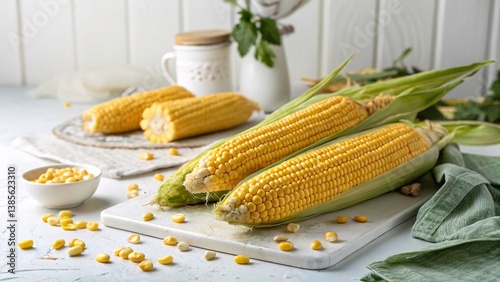 Close-up of Fresh Corn on a Table with White Background V3
