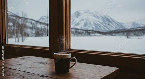 Coffee Cup by Window with Mountain View