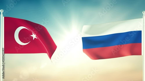 Turkey flag and Russia flag waving on cloud in sky background. 3D render. 4k resolution.