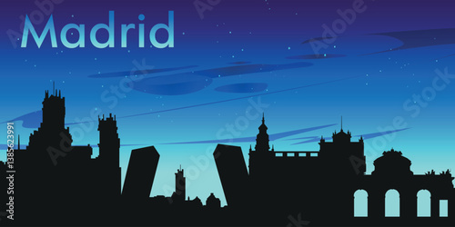 Black silhouette of the Madrid skyline against the background of a dark blue sky with clouds
