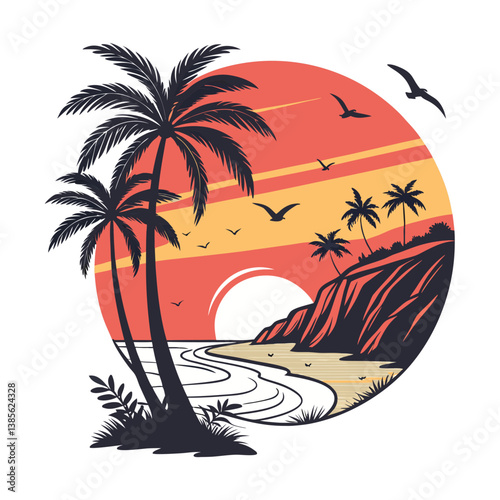 Tropical Sunset Beach in Circle Frame