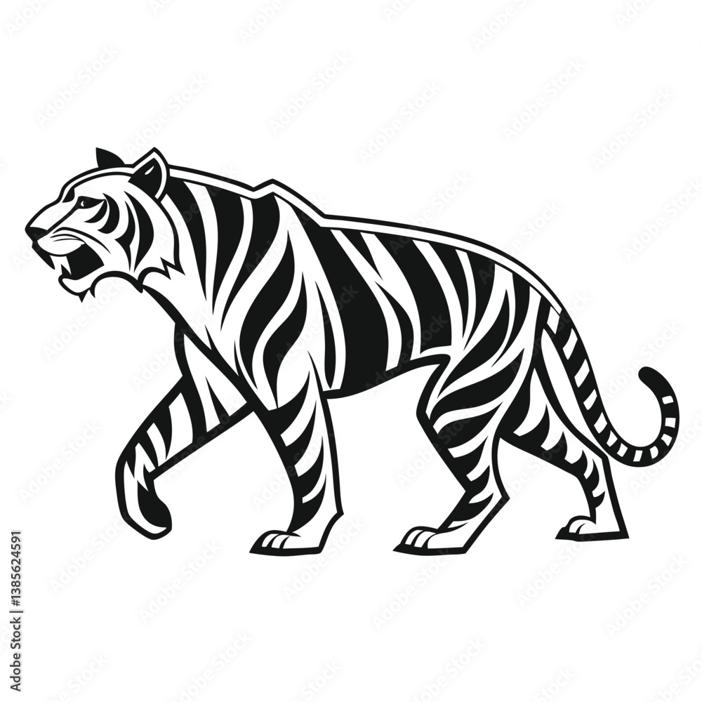 Obraz premium tribal tiger, geometric pattern, black and white illustration, stylized animal art, roaring feline, bold lines, diamond shapes, symmetrical design, monochrome, abstract big cat, native art influence,