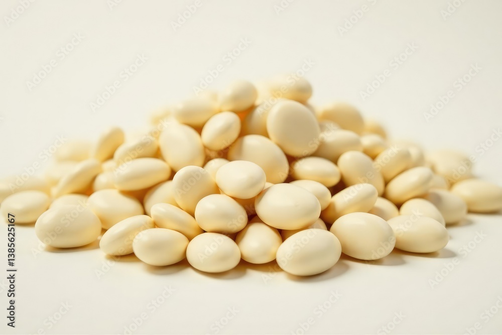 Close-up of heaping pile of white beans against white backdrop, culinary, beans, harvest Close-up of heaping pile of white beans against white backdrop, culinary, beans, harvest