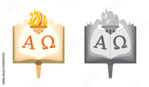 Opened Bible with the letters Alpha and Omega. Christianity. Lit torch. EPS 10. Vector illustrations