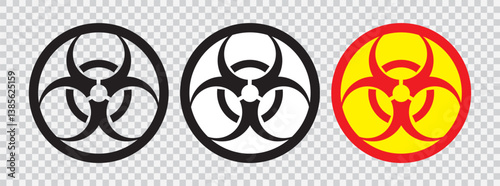 Hazardous material, biologically active substance. A sign of chemical, biological or radiation hazard. Set of flat icons. Warning signs. Radioactivity risk, nuclear and toxic sign. on a transparent an