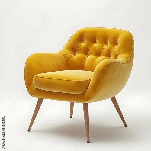 A yellow modern armchair with wooden legs, on a white background, front view, 3D rendering, high-resolution photography, professional color grading, soft shadows, low contrast, clean sharp focus, digi photo