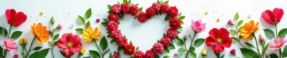 Wreath made of fresh flowers, greenery and ribbons surrounding a heart shape , spring, romance Wreath made of fresh flowers, greenery and ribbons surrounding a heart shape , spring, romance
