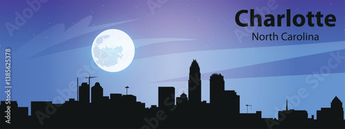 Black silhouette of the Charlotte, North Carolina skyline against the starry sky and big moon