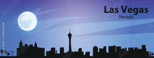 Black silhouette of the Las Vegas, Nevada skyline against the starry sky and big moon