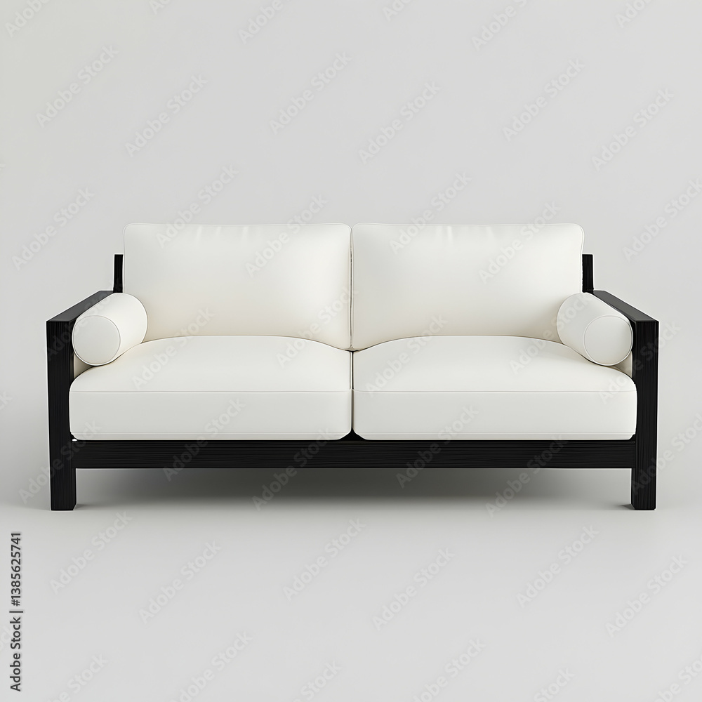 Sofa, white leather with black wood frame, simple design, rectangular-shaped sofa, straight-line legs and armrests, comfortable seating experience, photorealistic style, high resolution. Sofa, white leather with black wood frame, simple design, rectangular-shaped sofa, straight-line legs and armrests, comfortable seating experience, photorealistic style, high resolution.