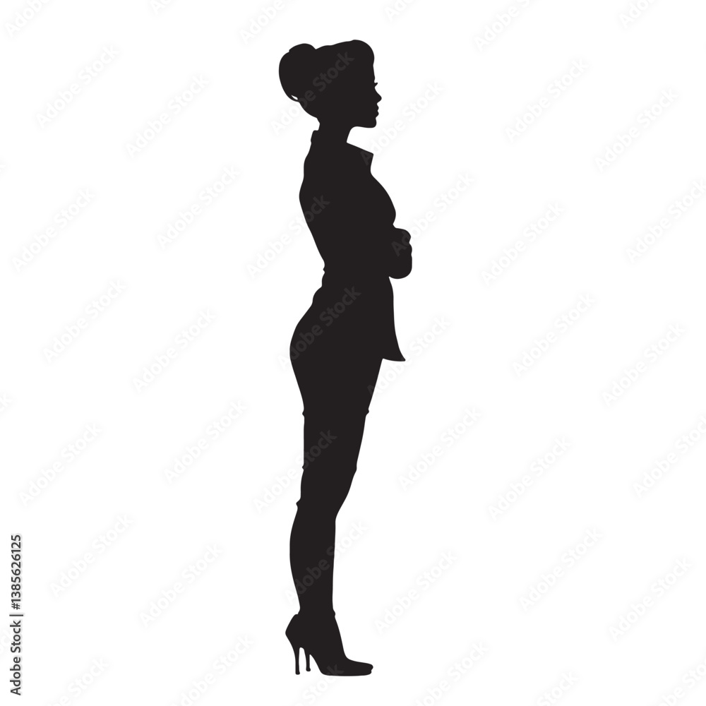 A black vector illustration depicts a beautiful woman's silhouette in a dress, a fashion figure posing as a dancer A black vector illustration depicts a beautiful woman's silhouette in a dress, a fashion figure posing as a dancer